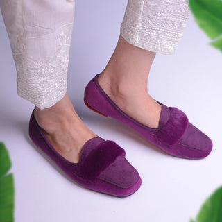 Velvet Fur Loafers Purple